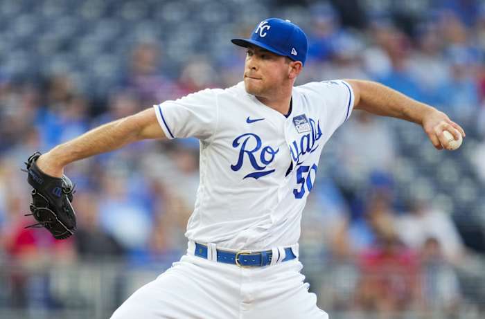 Jun 3, 2021; Kansas City, Missouri, USA; Kansas City Royals starting pitcher Kris Bubic (50) pitches against the Minnesota Twins during the first inning at Kauffman Stadium. Mandatory Credit: Jay Biggerstaff-USA TODAY Sports